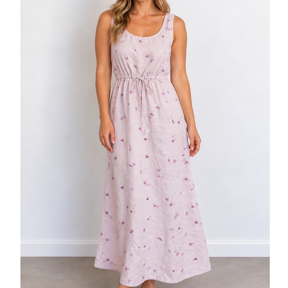VTG 100% Linen Maxi Dress Womens M Lavender Floral Cottagecore Essentials JPZ